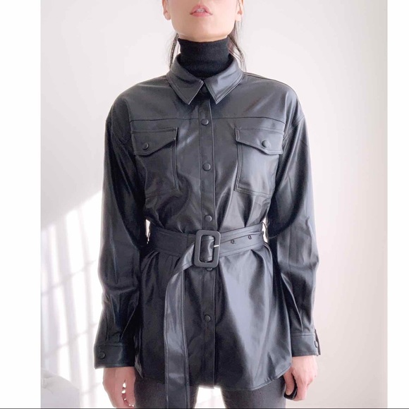 FAUX LEATHER BELTED SHACKET - BLACK - Picture 5 of 9